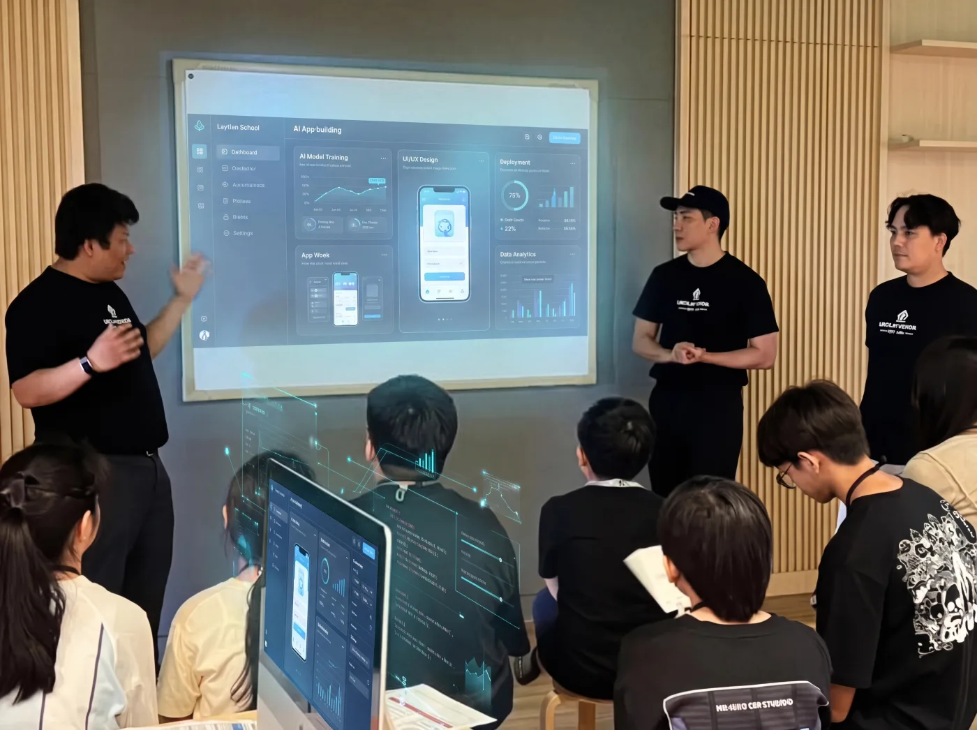 Founders teaching in front of the app-building dashboard