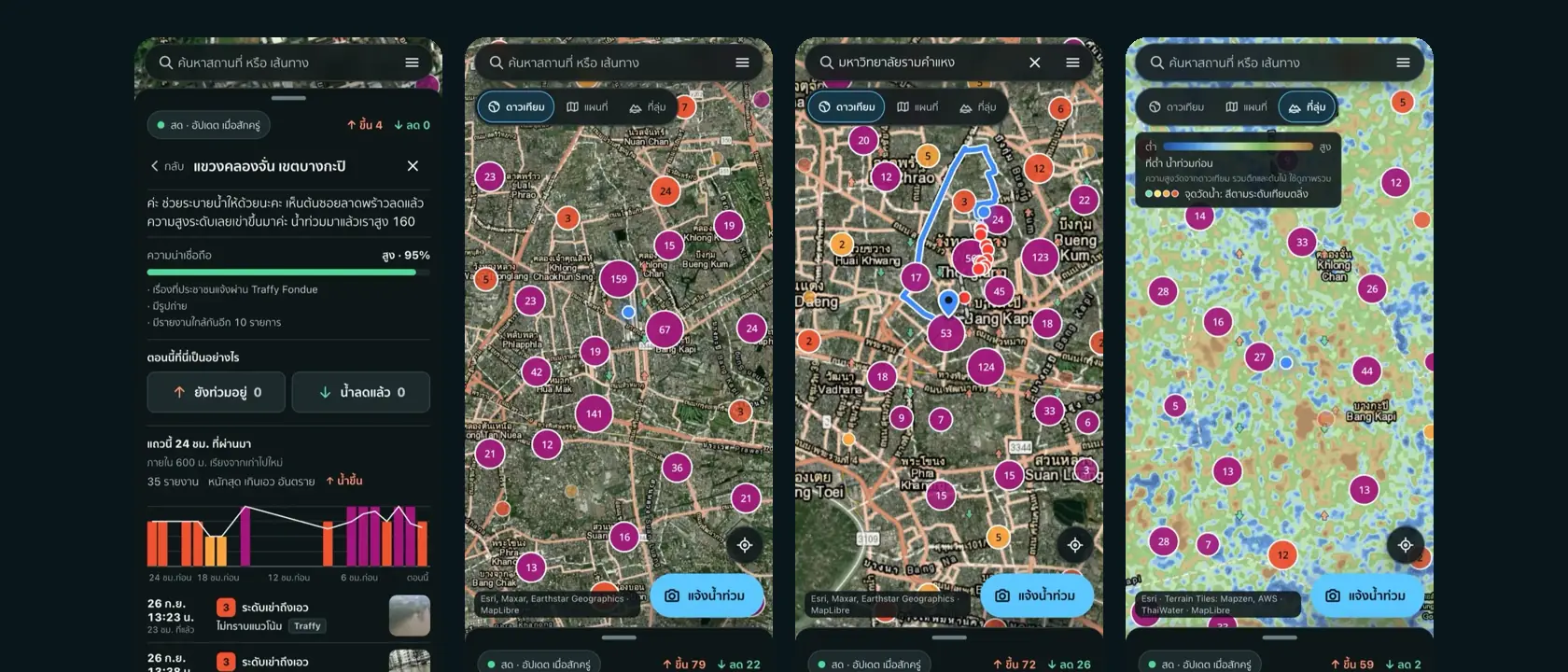 Four phone screens of the Bangkok flood map: area timeline, live flood spots, a route around floods, and the low-ground view