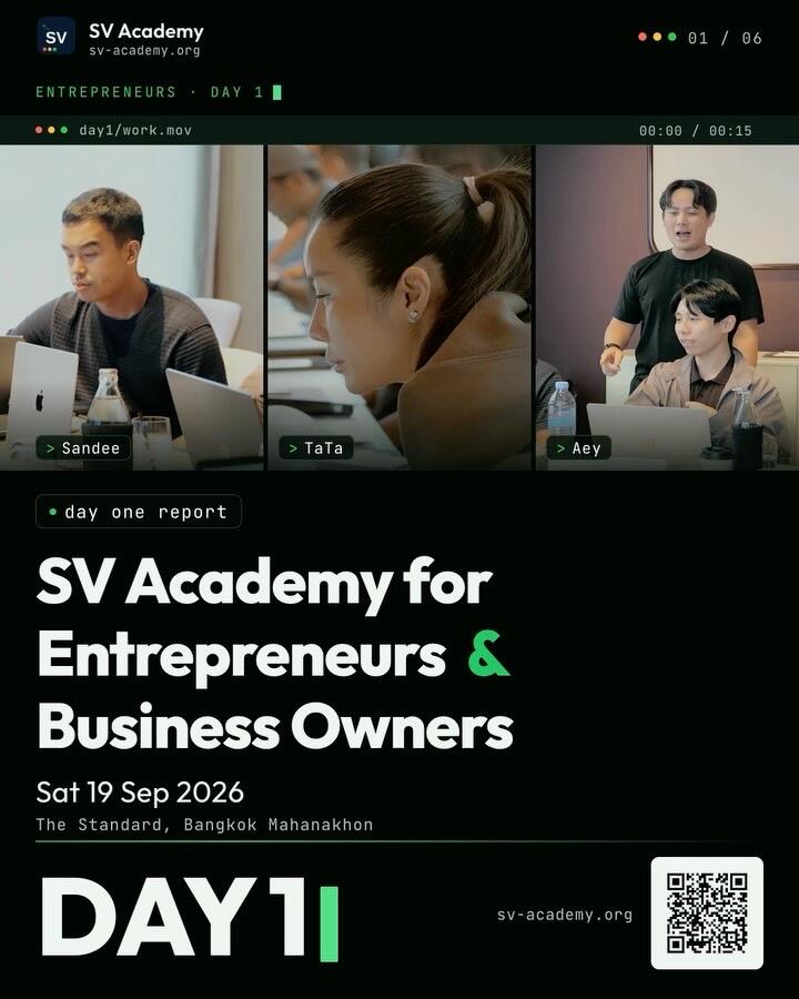 Poster with three photos of adults working at laptops above the title SV Academy for Entrepreneurs, Day 1