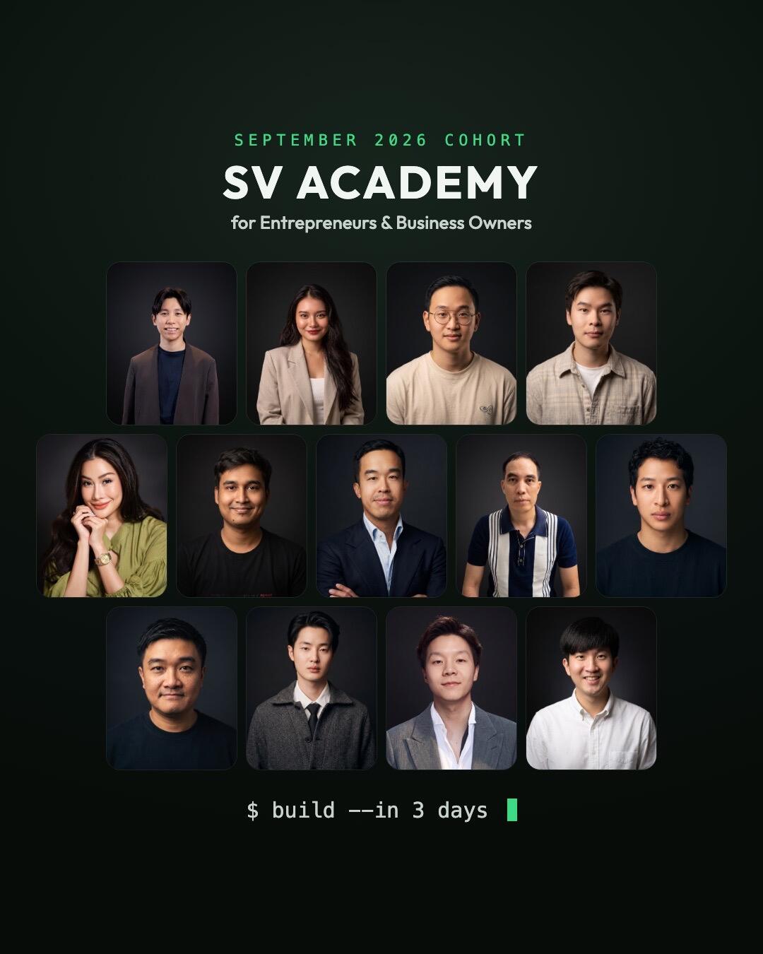 Studio portraits of the September 2026 entrepreneur cohort under the SV Academy title