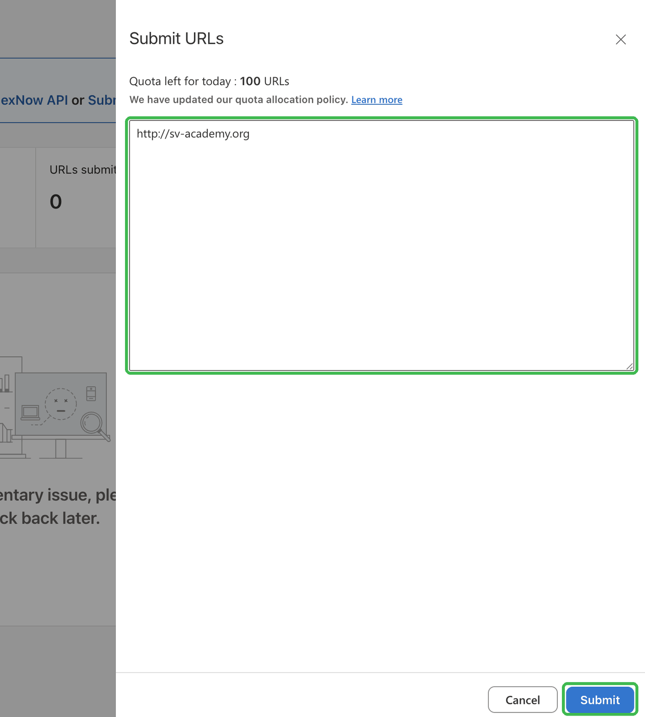 Bing Submit URLs panel with an address typed in the box and the Submit button marked