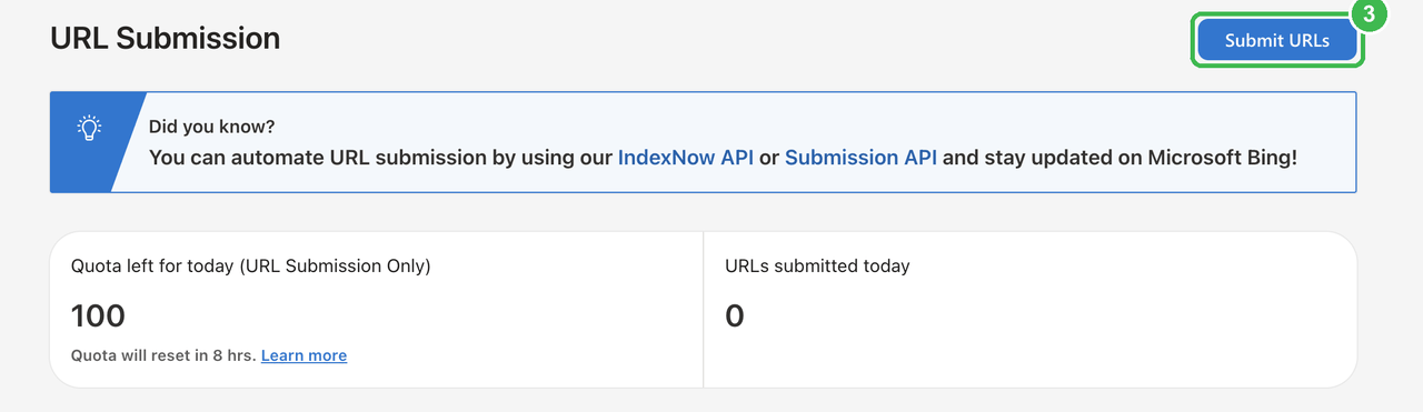 Bing Webmaster Tools, URL Submission page, with the Submit URLs button marked